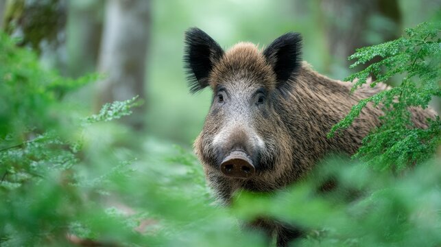 A Wild Boar Curiously Observing in a Lush Green Forest Setting, Surrounded by Ferns and Trees, Capturing the Essence of Nature's Untamed Beauty and Wildlife