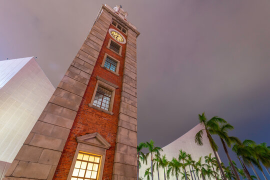 View of former Kowloon-Canton Railway Clock Tower in Kowloon at night, Kowloon, Hong Kong, China