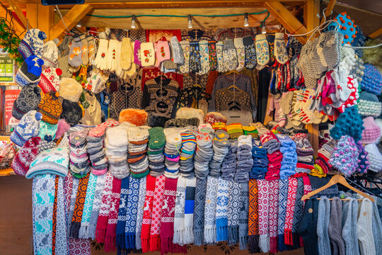 View of market stall on Christmas Market in Old Town Square, (Raekoja Plats - Julemarked) in daytime, Tallinn, Estonia