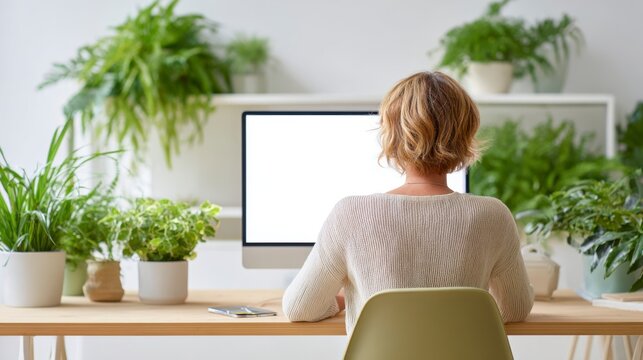 A Serene Home Office with Lush Green Plants and a Modern Computer, Perfect for Focused Work and Creativity in a Naturally Inviting Environment