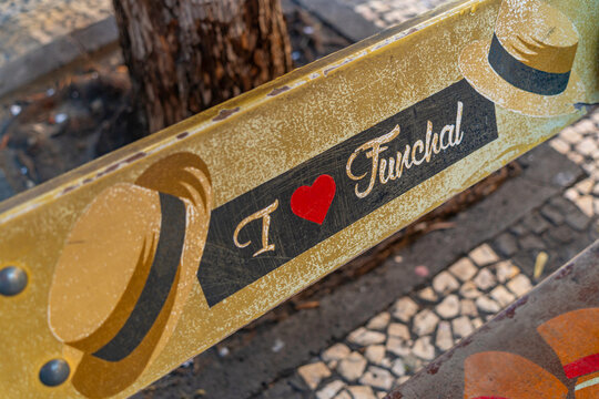 View of 'I Love Funchal' on public seat in old town, Funchal, Madeira, Portugal