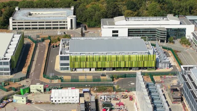 Aerial view of large hyperscale data center campus and AI critical computing facilities in Harlow UK