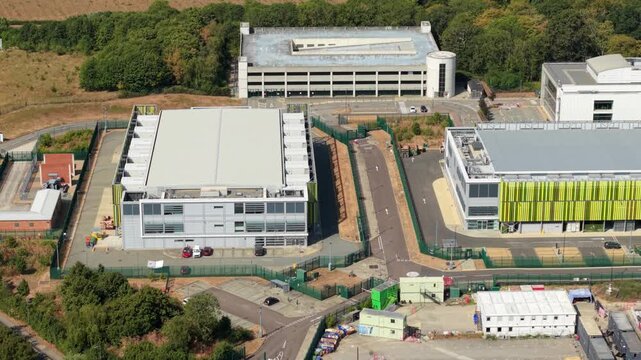 Aerial view of large hyperscale data center campus and AI critical computing facilities in Harlow UK