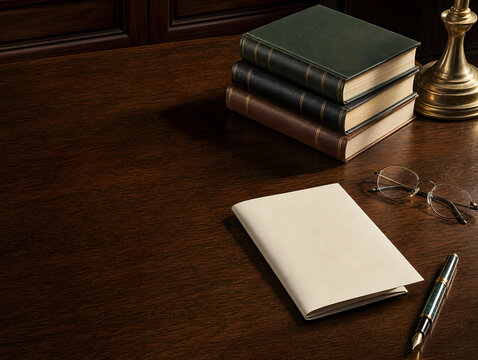Professional desk with reference books documents and reading glasses