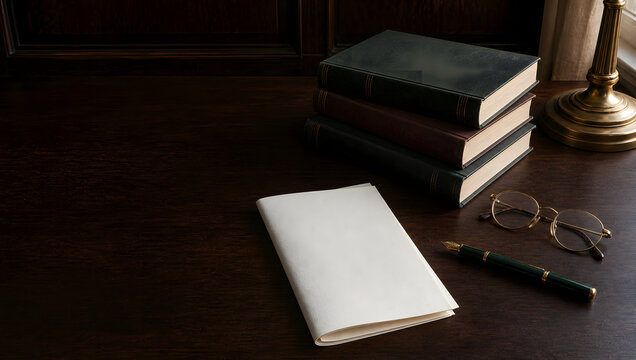 Professional desk with reference books documents and reading glasses