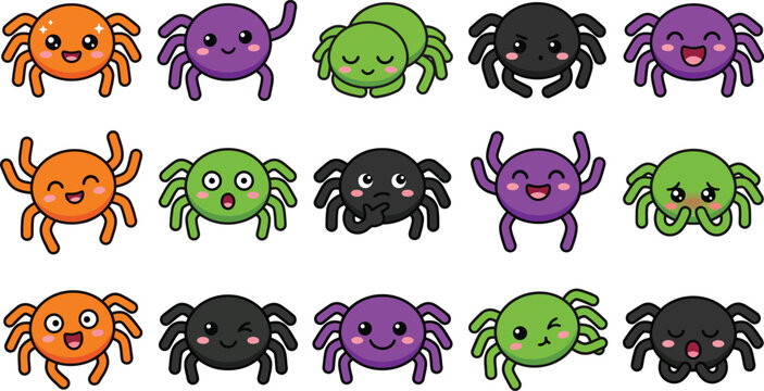 Cute cartoon spiders in various colors and emotions for Halloween
