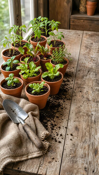 Potted seedlings and gardening tools on a wooden potting bench