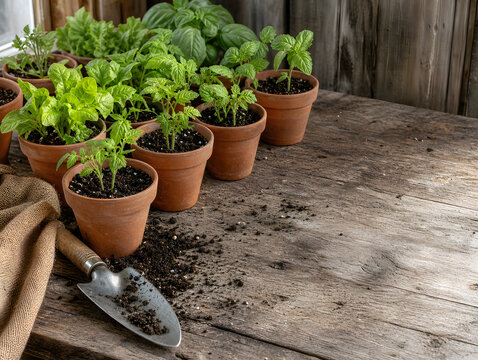 Potted seedlings and gardening tools on a wooden potting bench