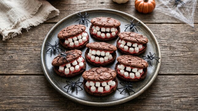 Funny Halloween chocolate cookie sandwich with marshmallow teeth shaped like vampire mouth on plate. Spooky dessert for trick or treat party. Homemade creative food for Halloween celebration