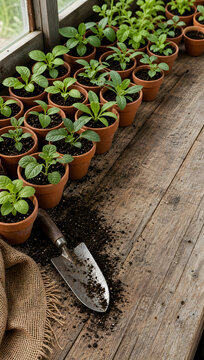 Potted seedlings and gardening tools on a wooden potting bench