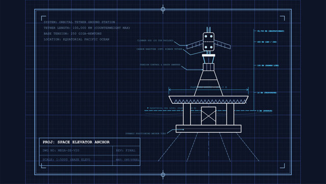 Space elevator anchor orbital tether ground station futuristic technical blueprint schematic design engineering project visualization planning concept