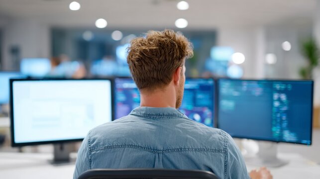Focused Individual Engaged in Multitasking Work at Computer Desks in Modern Office Environment Surrounded by Multiple Monitors and Soft Lighting