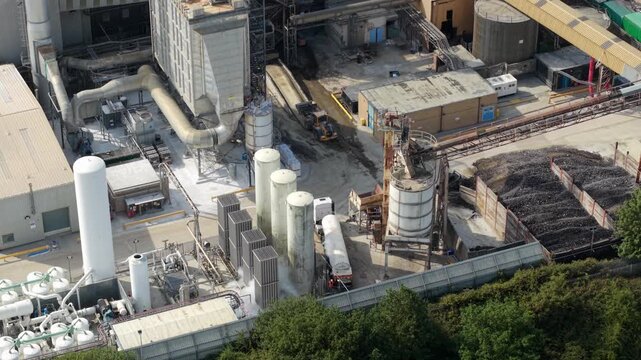 Aerial View of Industrial Cryogenic Liquid Storage Tanks and Ambient Air Vaporisers in Harlow UK