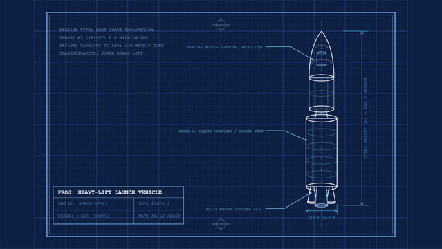Heavy-lift launch vehicle rocket blueprint technical schematic design engineering space exploration project illustration