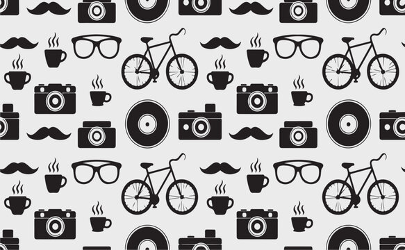  Seamless pattern with hipster icons including bicycles cameras coffee glasses and mustaches on a light gray background