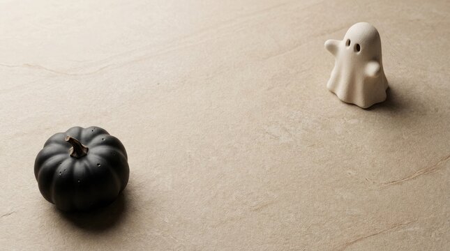 Dark pumpkin and ghost figure on textured surface