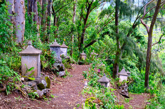 Pilgrimage path with hand-carved shrines at Lawai International Center in Kauai Island