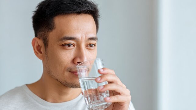 A Thoughtful Man Contemplating While Holding a Glass of Water in a Bright, Minimalistic Environment