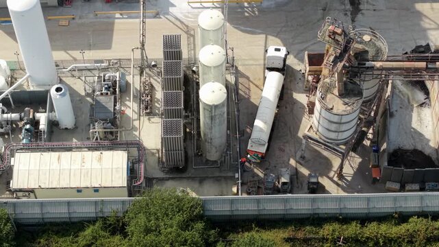 Aerial View of Industrial Cryogenic Liquid Storage Tanks and Ambient Air Vaporisers in Harlow UK