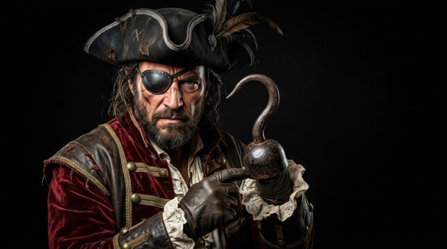 Man pirate with hook hand holding sword on black background. Angry bearded captain in tricorne hat and vintage costume. Halloween adventure and corsair character concept.