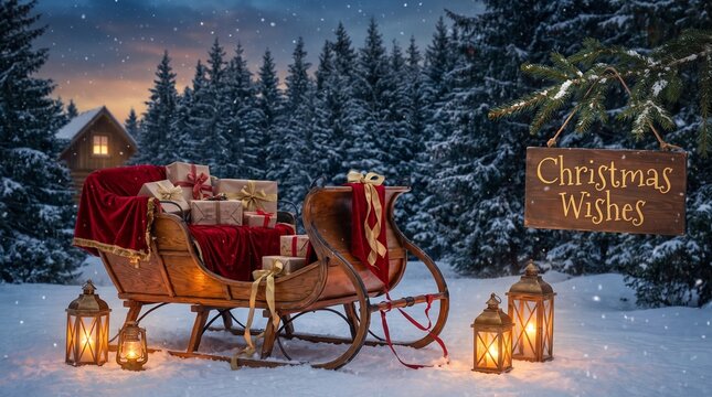 Decorative wooden Christmas sleigh with gifts in a snowy forest at twilight