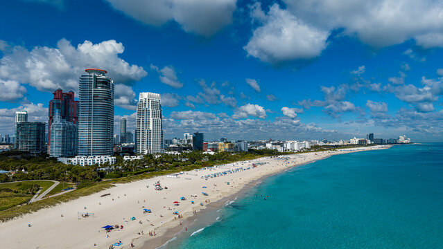 View of South Beach point with city skyline, beach, and ocean at midday in Miami, Florida, United States of America