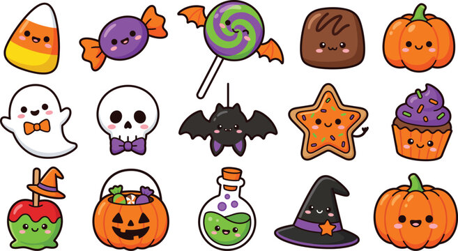 Cute Halloween icons with candy, jack o lanterns, and spooky characters