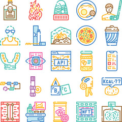 Fototapeta premium Vibrant modern outline icon set covering tech, web development, business, finance, food, sports and lifestyle versatile symbols for apps, interfaces, data and recreation
