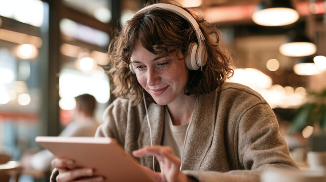 Professional woman engaged in online learning with headphones and a tablet in a cozy, bright cafe. 
