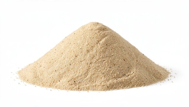 photorealistic mound of pale tan beach sand on white background studio shot for advertising copy space texture detail