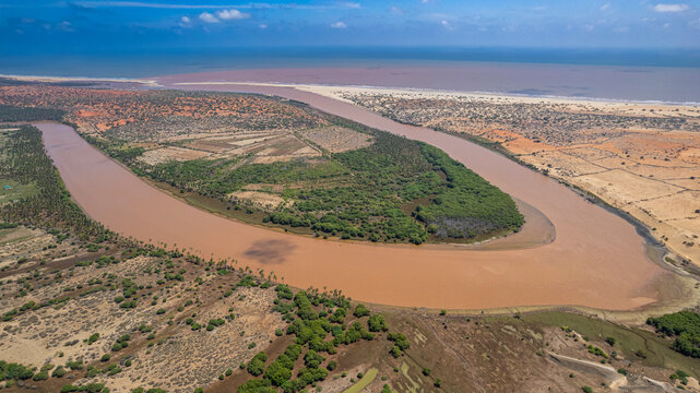 Aerial view of the Juba river winding through landscapes in Jubaland, Somalia under a clear sky