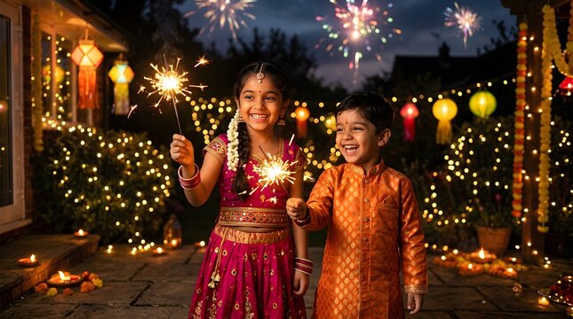 Happy indian children holding sparklers during diwali festival
