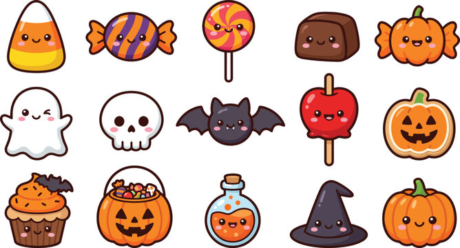 Cute Halloween icons with candy, pumpkins, and spooky characters