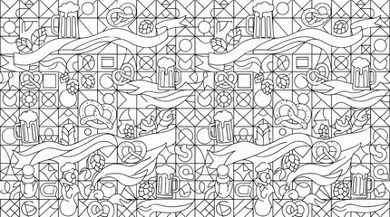 Fototapeta premium Oktoberfest pattern with beer mugs, pretzels, hops, and banners on geometric background, line art vector