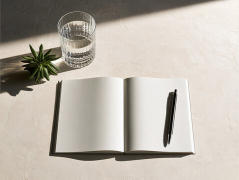 Minimalist flat lay of an open blank paper notebook with a sleek pen.