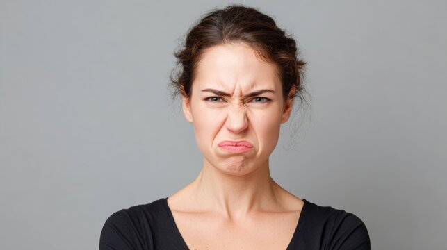 Expressive Portrait of a Woman Displaying Displeasure and Discontent with Scrunched Nose and Frowning Expression Against a Neutral Background