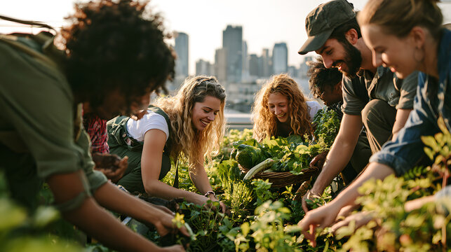 Diverse group of young adults collaborating in a lush, productive urban rooftop community garden.