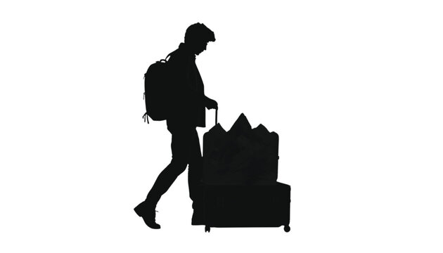 Traveler silhouette walking while pulling a stack of heavy luggage suitcases and carrying a backpack on his shoulder, depicting vacation departure, holiday tourism, and logistics.