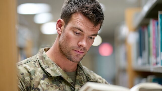 Focused Soldier Engaged in Reading a Book in a Library Setting, Highlighting the Importance of Education and Knowledge in Military Life