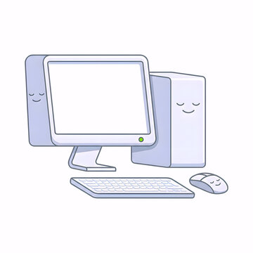 Cartoon desktop computer set with happy faces in light colors for kids education design.