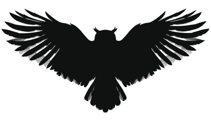 Fototapeta premium Owl silhouette with expansive wings spread wide, captured in a stark, isolated graphic design on a pristine white background, representing freedom, wisdom, and the mysterious allure of nocturnal.