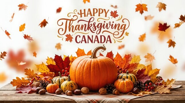 A festive seasonal composition featuring a large orange pumpkin surrounded by colorful autumn leaves celebrating thanksgiving day in canada with text