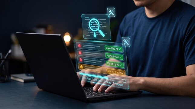 AI code debugging and security scan with laptop and holographic bug detection dashboard showing fixed vulnerabilities, flagged issue, scan progress and automated software testing