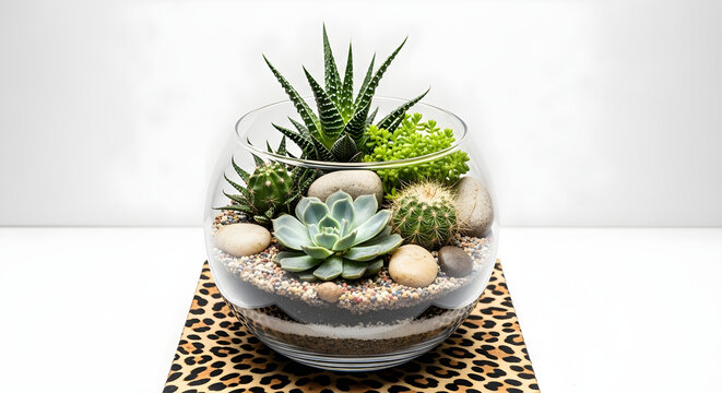 Stylish succulent and cactus terrarium with decorative stones on a leopard print surface