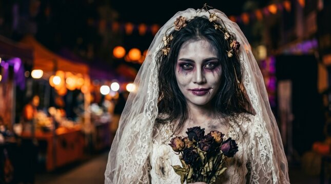 Asian woman in a zombie bride costume, wearing scary makeup and a veil, at a Halloween festival. A concept for celebrating the spooky holiday dressed as a ghostly bride.