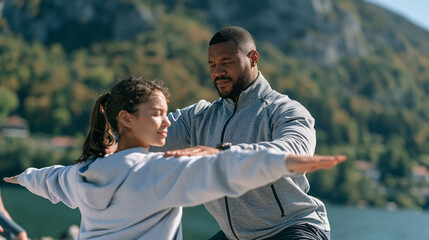 Fototapeta premium Yoga instructor correcting a student's warrior pose outdoors in harsh midday sun, candid unguarded moment mid-adjustment, both figures squinting slightly, fitness teaching