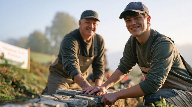 Stone mason and teenage apprentice working side by side in early morning mist on a crumbling heritage footpath, intergenerational hands pressing fitted stones into a trail bed, a