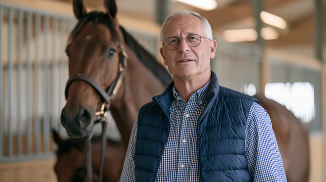 Thoroughbred horse breeder standing in a minimalist stable studio, wide establishing shot showing mare and foal in a clean stall, ownership pride visible in the breeder's