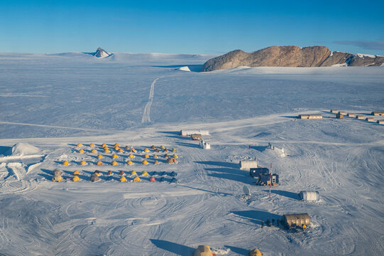 Aerial of a camp at Wolf's Fang Runway, Queen Maud Land, Antarctica