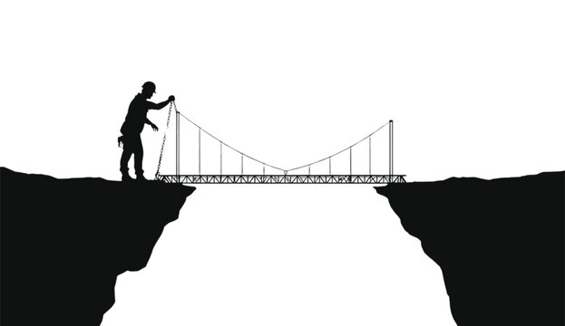 Silhouette of a person standing on a cliff edge, meticulously constructing a suspension bridge across a chasm, symbolizing connection and overcoming obstacles.